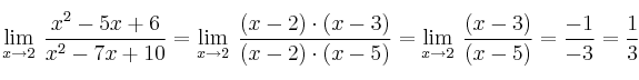 \lim\limits_{x \rightarrow 2} \: \frac{x^2-5x+6}{x^2-7x+10}=\lim\limits_{x \rightarrow 2} \: \frac{(x-2)\cdot (x-3)}{(x-2)\cdot (x-5)}=\lim\limits_{x \rightarrow 2} \: \frac{(x-3)}{ (x-5)}=\frac{-1}{-3}=\frac{1}{3}