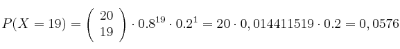 P(X=19)= \left( \begin{array}{c} 20 \\ 19 \end{array}  \right) \cdot 0.8^{19} \cdot 0.2 ^1 = 20 \cdot 0,014411519 \cdot 0.2 =0,0576