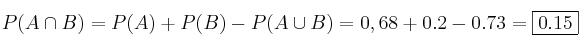 P(A \cap B) = P(A) + P(B) - P(A \cup B) = 0,68+0.2 - 0.73= \fbox{0.15}