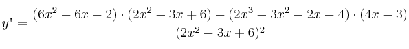 y\textsc{\char13} = \frac{(6x^2-6x-2) \cdot (2x^2-3x+6) - (2x^3-3x^2-2x-4) \cdot (4x-3)}{(2x^2-3x+6)^2}