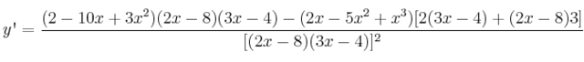 y\textsc{\char13} = \frac{(2-10x+3x^2)(2x-8)(3x-4)-(2x-5x^2+x^3)[2(3x-4)+(2x-8)3]}{[(2x-8)(3x-4)]^2}